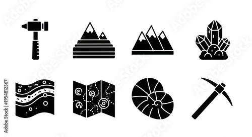 Geology Icons: Hammer, Mountains, Crystals, Fossils, Map, Layers