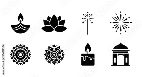Diwali Icons: Diyas, Lotus, Fireworks, Rangoli, Candle, Temple - Black Silhouettes