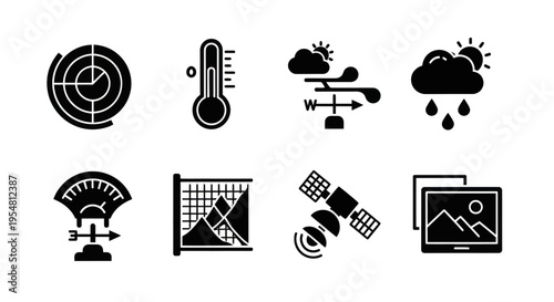 Weather Forecast Icons: Radar, Thermometer, Anemometer, Rain, Satellite, Graph