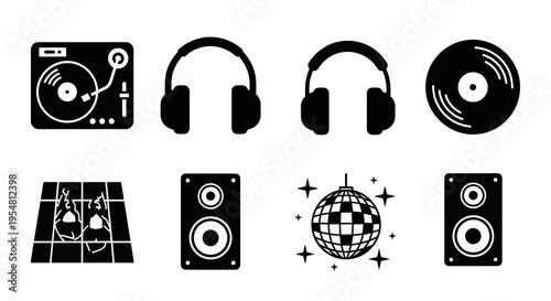 Dj Turntable, Headphones, Disco Ball, Speakers, Dance Floor Icons Set