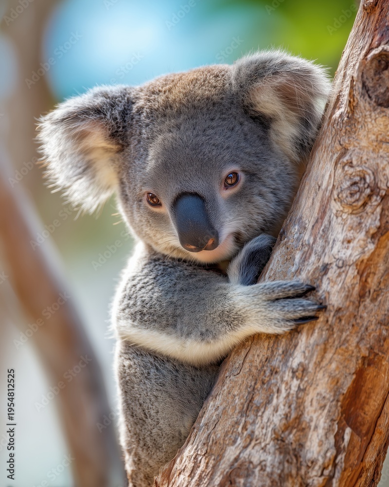 Fototapeta premium Australian marsupial koala with grey fur resting peacefully on a rough tree