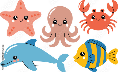 Cute kawaii sea animals vector set with cartoon dolphin octopus starfish crab and tropical fish characters for kids nursery design