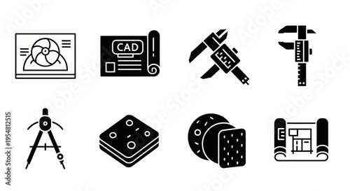 Engineering and Architecture Icons: Blueprint, Calipers, Compass, CAD