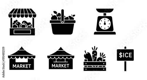 Fresh Produce Market Icons: Stalls, Basket, Scale, Crate, Sign