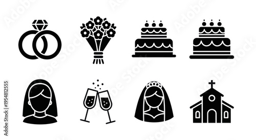 Wedding Icons: Rings, Bouquet, Cakes, Bride, Champagne, Church - Silhouette Set