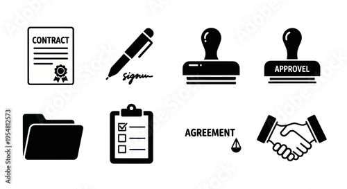 Business Contract, Agreement, Approval, Signature, Folder, Checklist, Handshake Icons