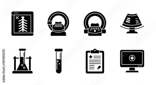 Medical Icons Set: MRI, X-ray, Test Tubes, Clipboard, Computer Monitor