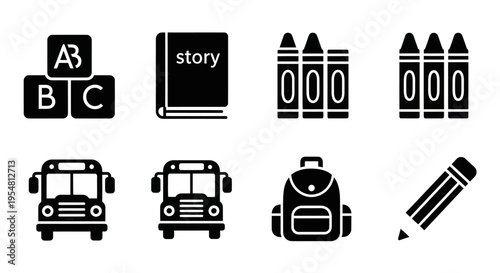 School Supplies Icons: ABC Blocks, Book, Crayons, Bus, Backpack, Pencil