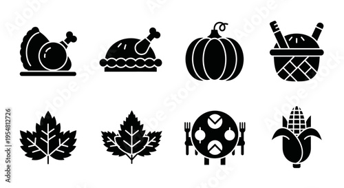 Thanksgiving Icons Set: Turkey, Pie, Pumpkin, Corn, Maple Leaves, Picnic Basket