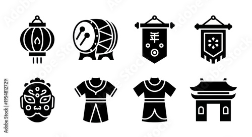 Chinese New Year Icons: Lantern, Drum, Mask, Costume, Temple, Banners