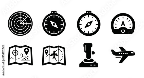 Navigation and Aviation Icons: Radar, Compass, Map, Joystick, Airplane, Gauge