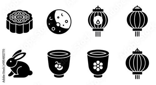 Mid-Autumn Festival Icons: Mooncake, Rabbit, Lanterns, Moon, Tea Cups
