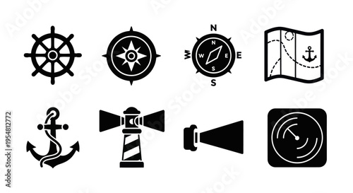 Nautical Icons Set: Anchor, Compass, Lighthouse, Ship Wheel, Map, Radar, Spotlight