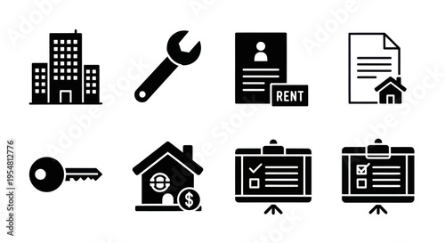 Real Estate Icons: Building, Wrench, Rent Application, House Document, Key, For Sale House, Checklist Board