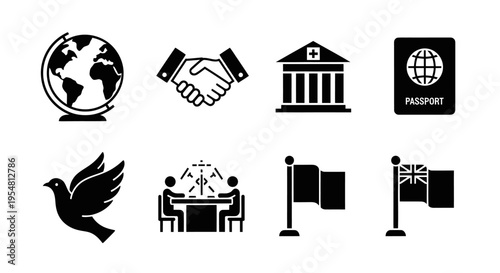 International Relations Icons: Globe, Handshake, Passport, Dove, Meeting, Flags