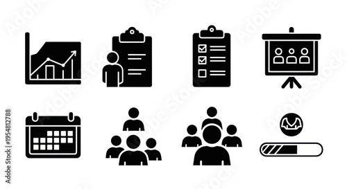 Business Icons Set: Growth Chart, Clipboard, Presentation, Calendar, Teamwork, Progress