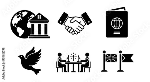 Global Diplomacy and International Relations Icons: Peace, Travel, Business, and Government