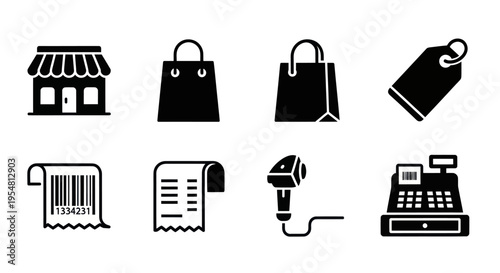 Retail and Shopping Icons: Store, Bags, Tag, Barcode, Receipt, Cash Register