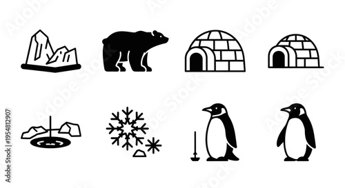 Arctic and Antarctic Icons: Polar Bear, Penguins, Igloos, Icebergs, Snowflake