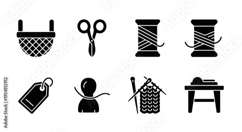 Sewing and Craft Icons: Scissors, Spools, Tag, Knitting, Basket