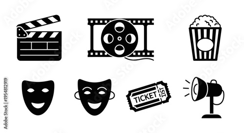 Cinema Icons: Clapperboard, Film Reel, Popcorn, Masks, Ticket, Spotlight
