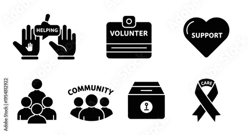 Community Support and Volunteering Icons: Helping Hands, Donation Box, Volunteer Badge, Ribbon