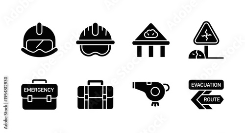 Emergency Safety Icons: Helmet, Whistle, Briefcase, Evacuation Route Sign