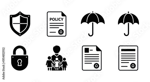 Insurance Icons: Shield, Policy Document, Umbrella, Lock, Family, Contract