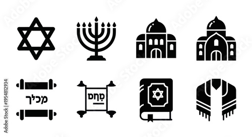 Set of Jewish Symbols and Icons - Star of David, Menorah, Torah, Synagogue, Tallit, Book