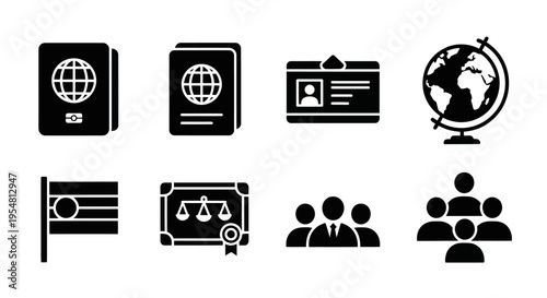Travel and Global Business Icons: Passport, Globe, ID Card, Flag, Diploma, Team