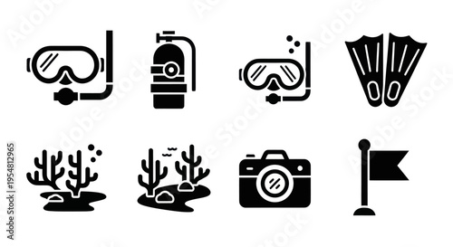Scuba Diving and Snorkeling Icons: Mask, Tank, Fins, Camera, Coral, Flag