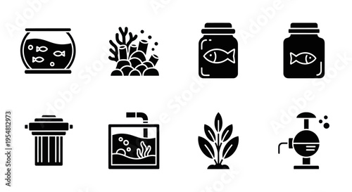 Aquarium Icons: Fish Bowl, Tank, Filter, Food, Coral, Plant, Aerator