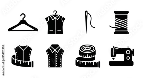 Sewing and Tailoring Icons: Hanger, Vest, Needle, Thread, Measuring Tape, Machine