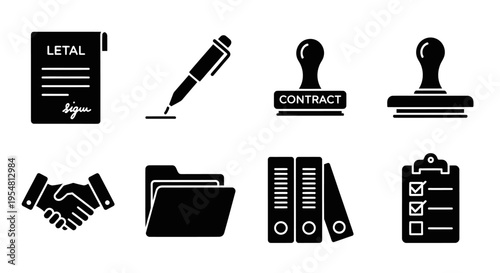 Legal document icons: contract, signature, pen, stamp, handshake, folder, checklist