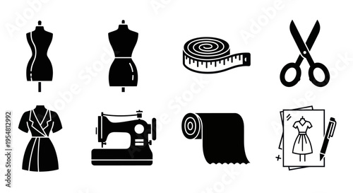 Fashion Design Icons: Sewing Machine, Mannequins, Scissors, Measuring Tape, Fabric Roll