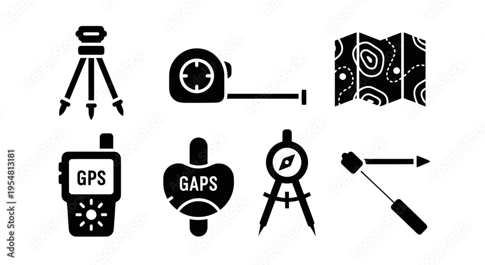 Fototapeta premium Surveying and Measurement Icons: Tripod, Tape Measure, Map, GPS, Compass, Marker