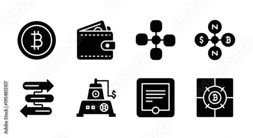 Cryptocurrency Icons: Bitcoin, Wallet, Network, Mining, Tablet, Transfer