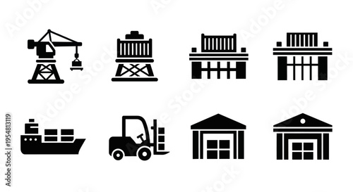 Industrial Port Logistics Icons: Crane, Ship, Forklift, Warehouse, Containers