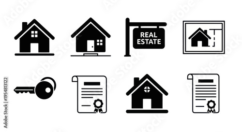 Real Estate Icons: House, Key, Document, Signboard, Blueprint - Set of Symbols