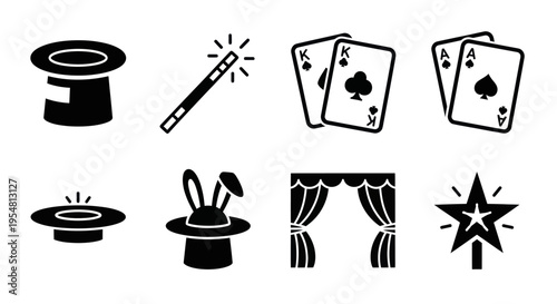 Magic Show Icons: Top Hat, Wand, Playing Cards, Rabbit, Stage Curtain, Star