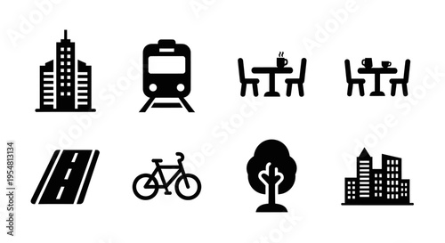 City Life Icons: Buildings, Train, Cafe, Road, Bike, Tree