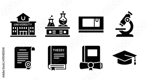 Education Icons: University, Science Lab, Graduation Cap, Microscope, Diploma, Books