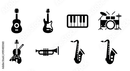 Collection of musical instrument icons: guitar, keyboard, drums, violin, trumpet, saxophone