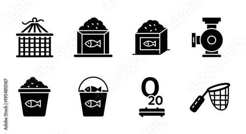 Fish Farming Icons: Cage, Feed Bags, Scale, Pump, Buckets & Net