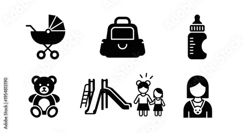 Baby and Child Care Icons: Stroller, Teddy Bear, Playground, Bottle, Bag