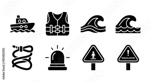 Water safety icons: boat, life vest, waves, rope, alarm, evacuation signs