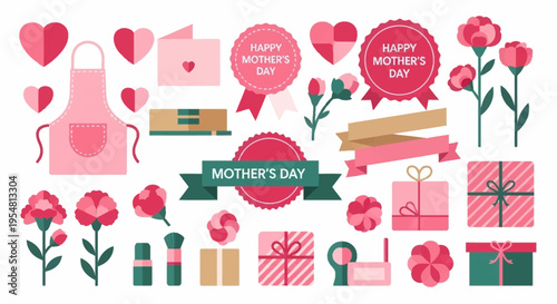 Happy Mother's Day Vector Icon Set - Flat Design Elements including Carnations, Gifts, Hearts, and Greeting Cards for Celebration