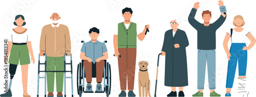 Diverse people with disabilities set featuring wheelchair user prosthetic limbs guide dog and elderly characters with walking aids vector