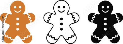 Gingerbread man cookie icon set featuring color outline and silhouette styles for Christmas holiday food decoration and winter baking