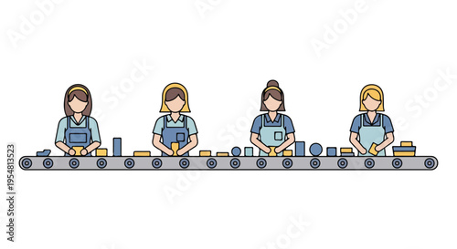 Four cartoon women in blue overalls working on a conveyor belt with blue and yellow parts against a white background.